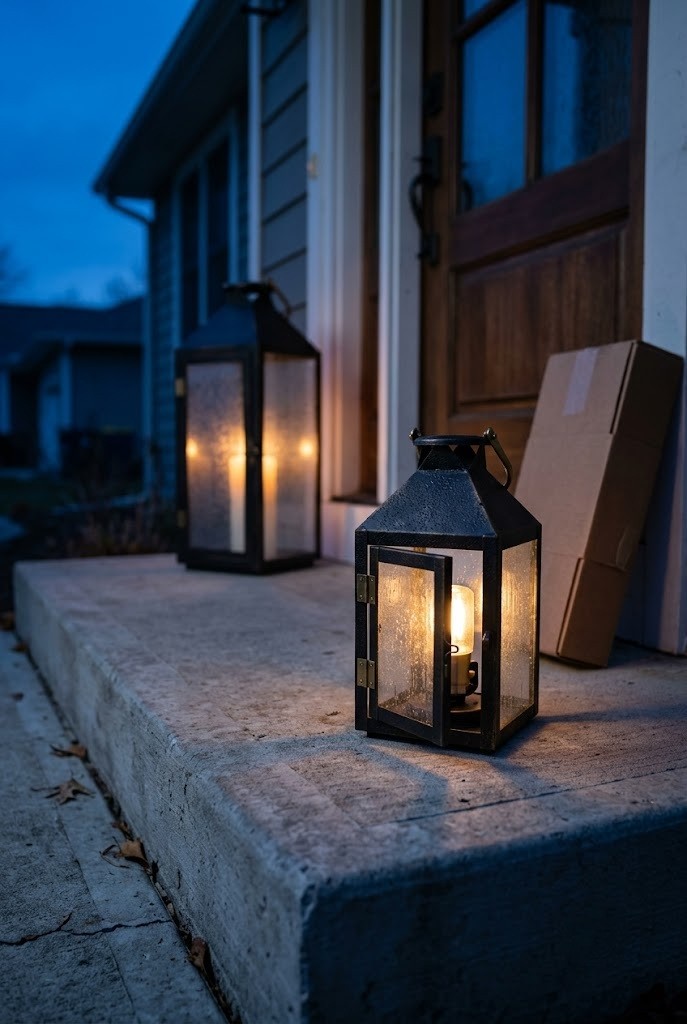 Small front porch fall decor lit by two battery timer lanterns at dusk on a concrete stoop