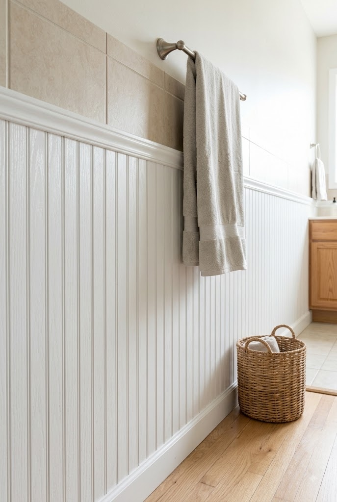 White beadboard half-wall covering lower beige bathroom tile below a cap rail
