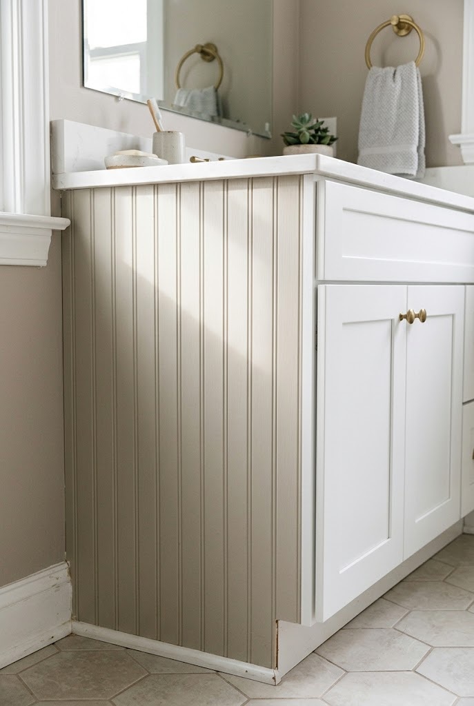 Peel and stick beadboard panel applied to the exposed side of a bathroom vanity