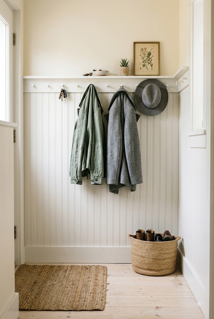 Beadboard entry wall with a Shaker peg rail cap in a narrow hallway