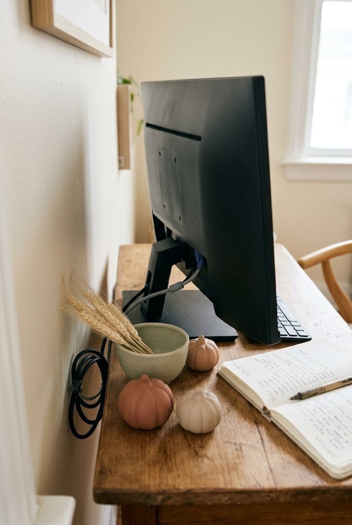 Low fall vignette of dried wheat and small pumpkins tucked behind a computer monitor