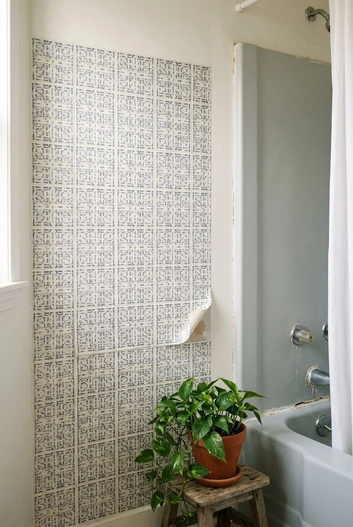 Peel-and-stick tile on a dry wall beside a rental tub