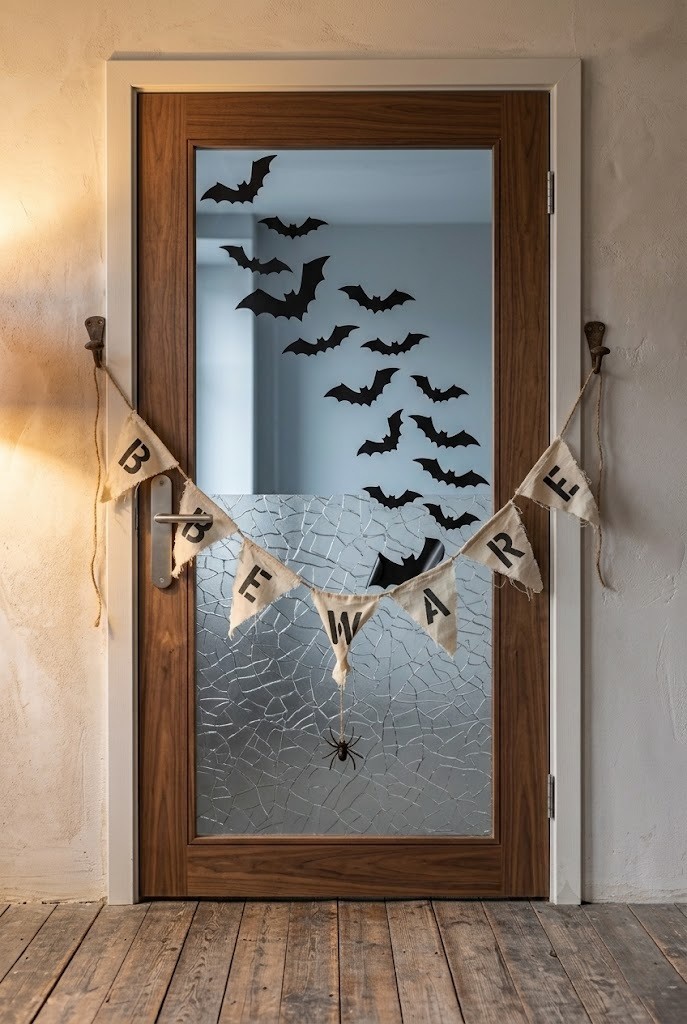 Frayed muslin BEWARE banner strung across an apartment door on over-door hooks for a no-drill Halloween look