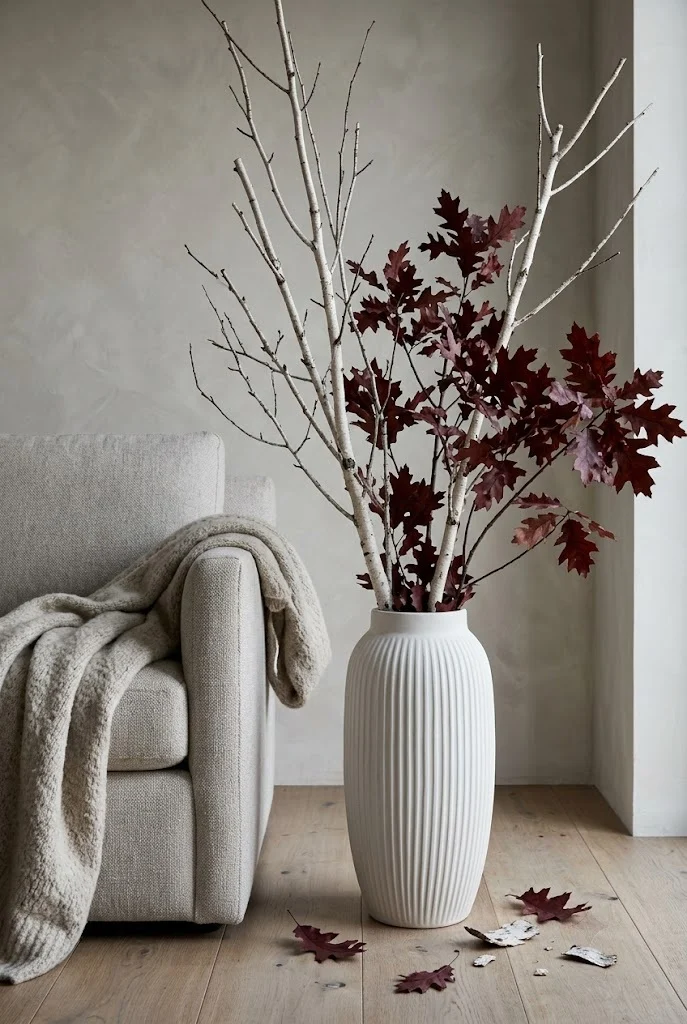 Birch and burgundy oak branches in a tall ribbed ceramic floor vase by an armchair