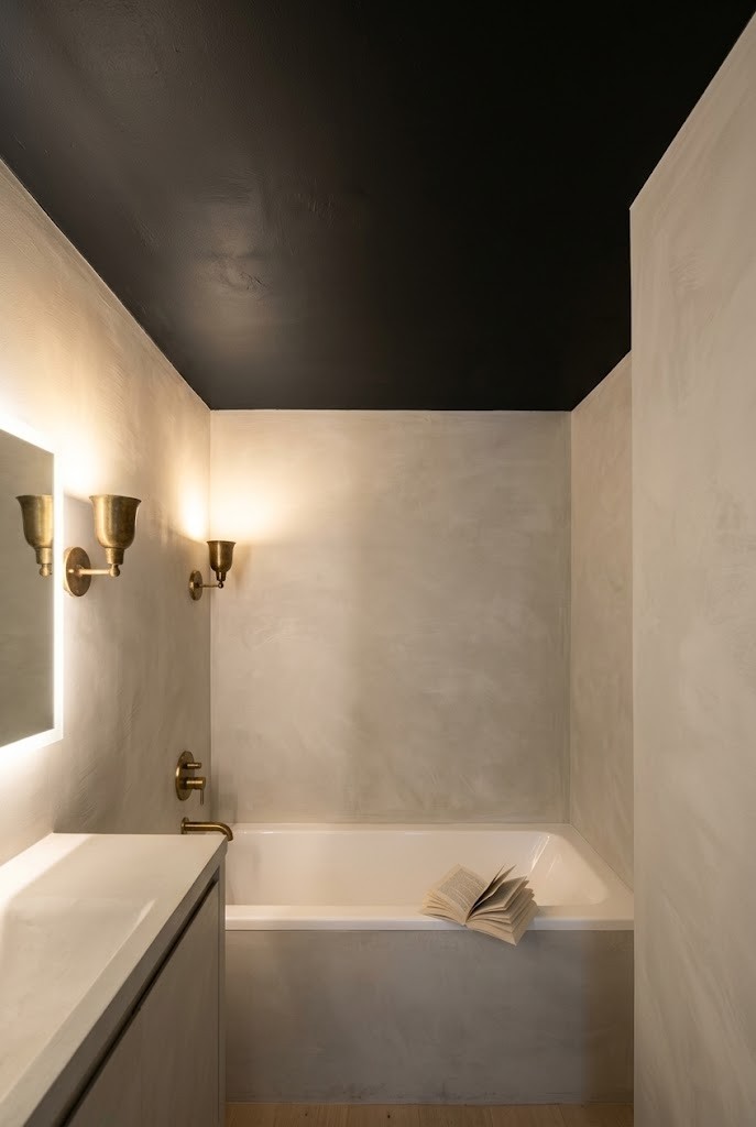 Near-black ceiling over pale walls in a moody small bathroom with a white tub
