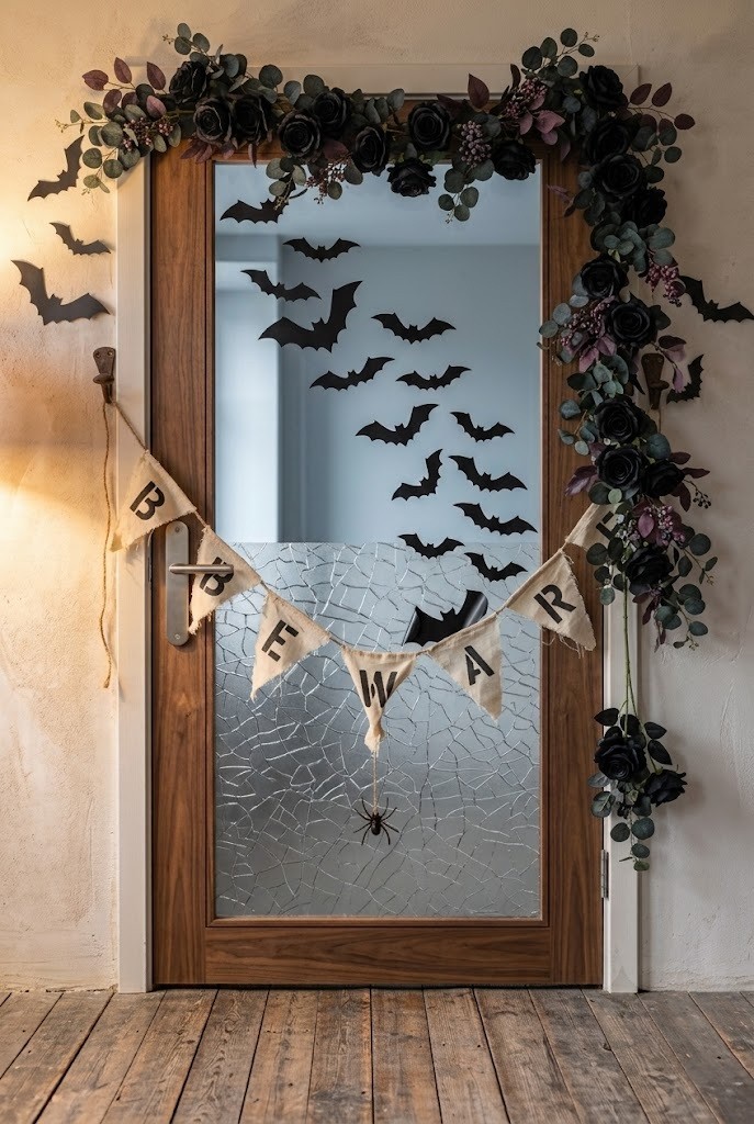 Faux black floral garland draped over an apartment door top for a renter-friendly Halloween entryway