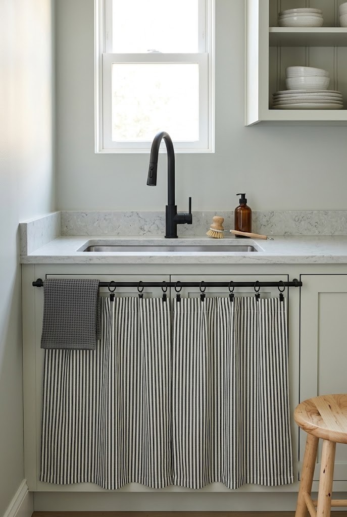 Black ticking stripe cabinet skirt hung on clip rings below a quartz counter and matte black tap