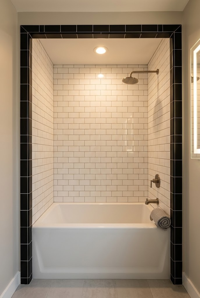 Matte black tile frame bordering a white alcove tub surround