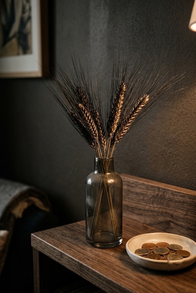 Black bearded wheat in a narrow smoked glass bud vase lit by warm lamplight