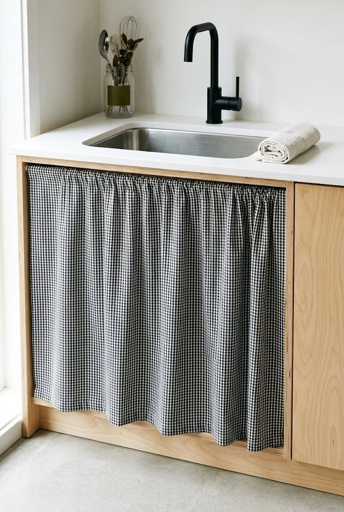 Black and white micro gingham cabinet skirt in a plain modern kitchen with birch ply