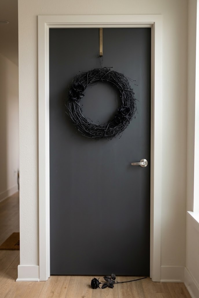 Oversized black Halloween wreath on an apartment door hung from an over-the-door hook with no drilling