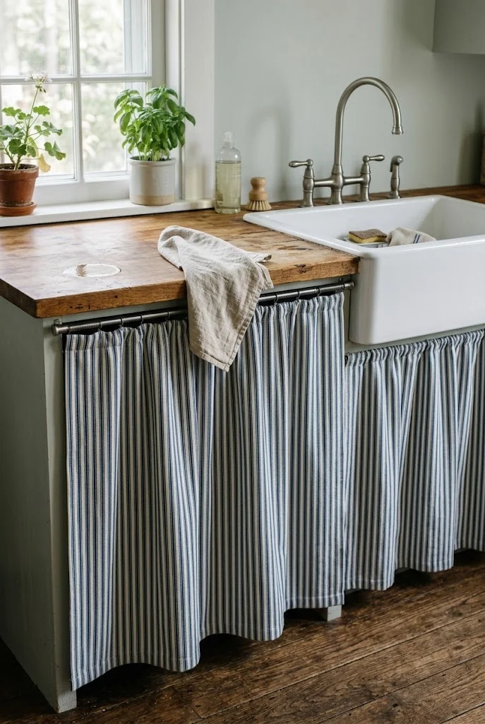 Blue and white ticking stripe kitchen sink skirt on a tension rod under a butcher block counter