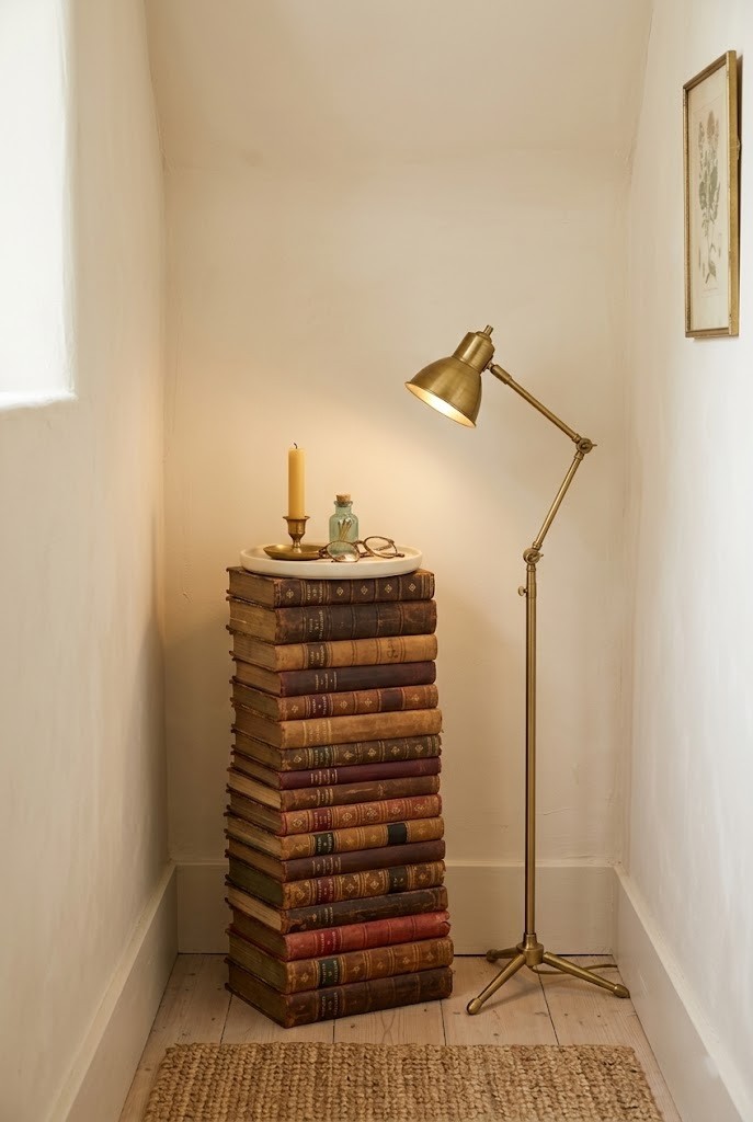Stacked books and a petite floor reading lamp in a pinched living room corner