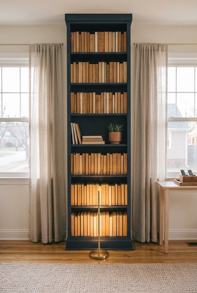 Tall bookcase between two windows lit by an uplight floor lamp in a corner