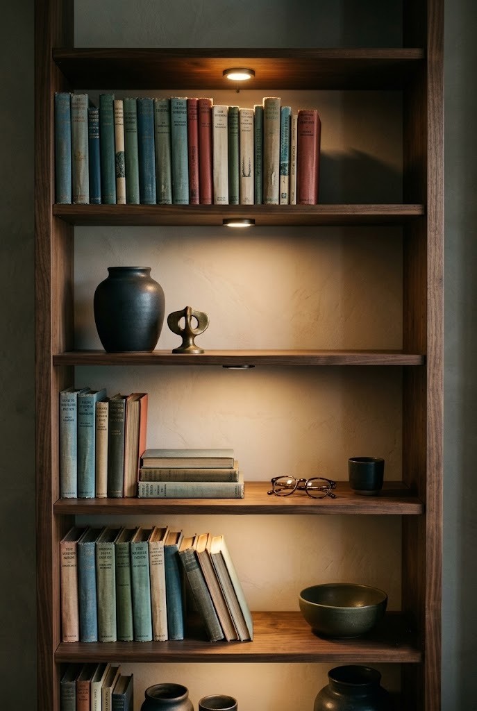 Moody bookshelf styled with dark ceramics, grouped books and empty space