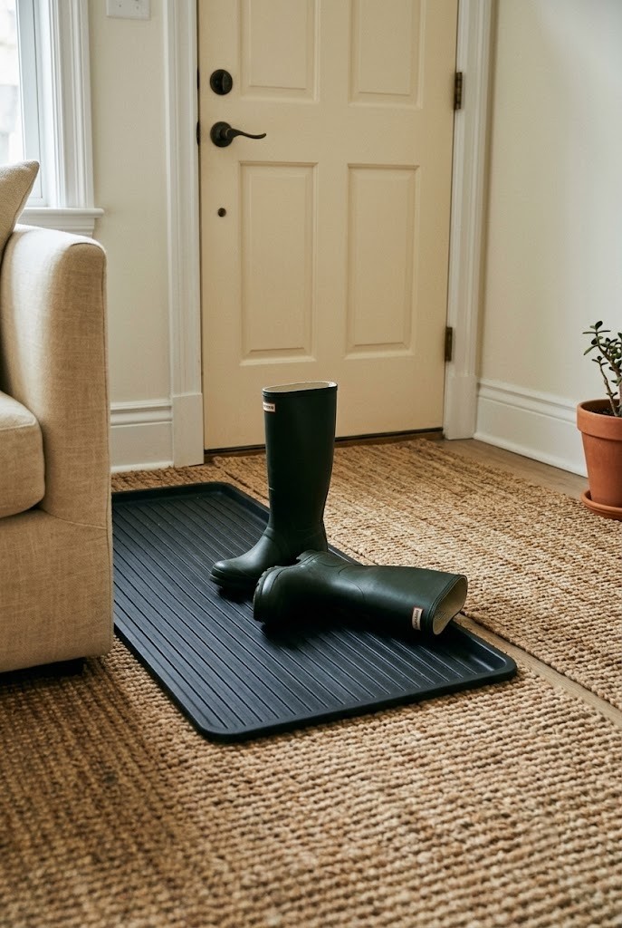 Dark rubber boot tray set into an entry runner beside the front door