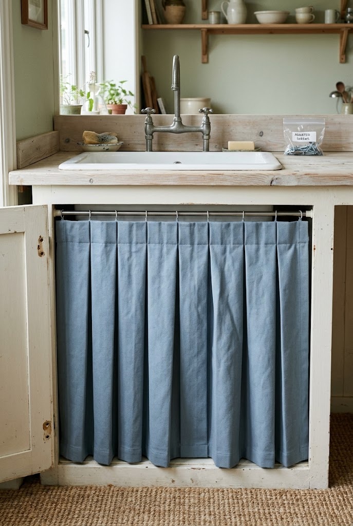 Box pleated kitchen sink skirt replacing a removed cabinet door on a tension rod