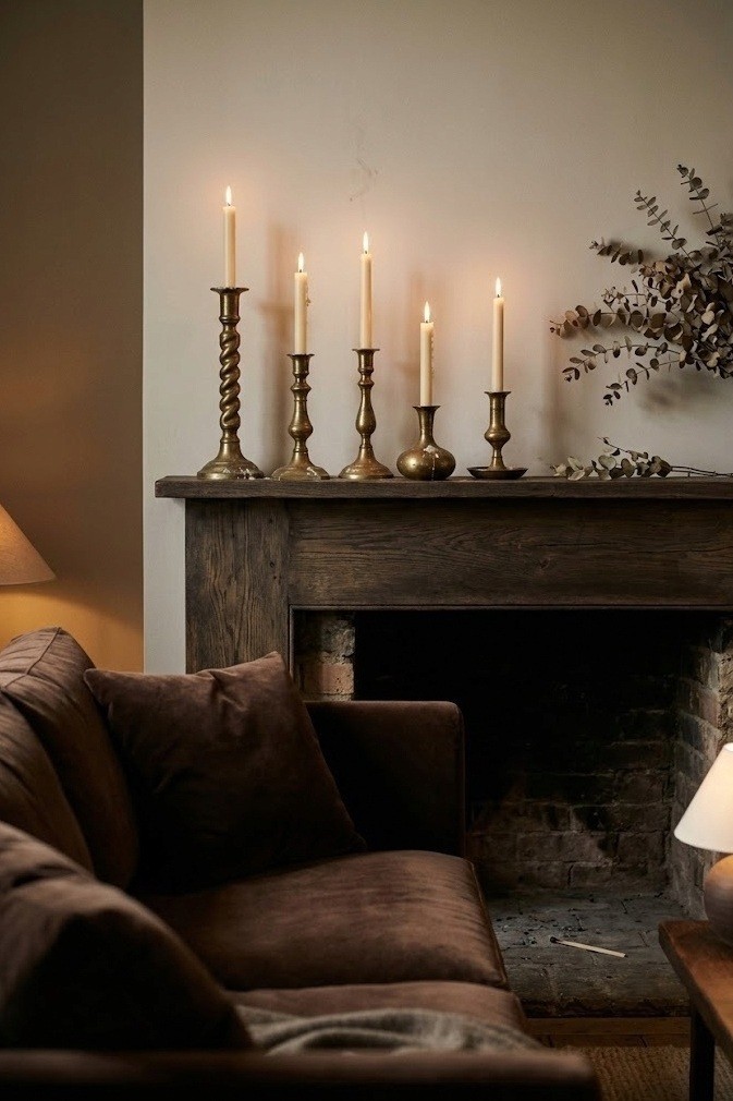 Mismatched brass candlesticks with lit tapers along a dark wood mantel