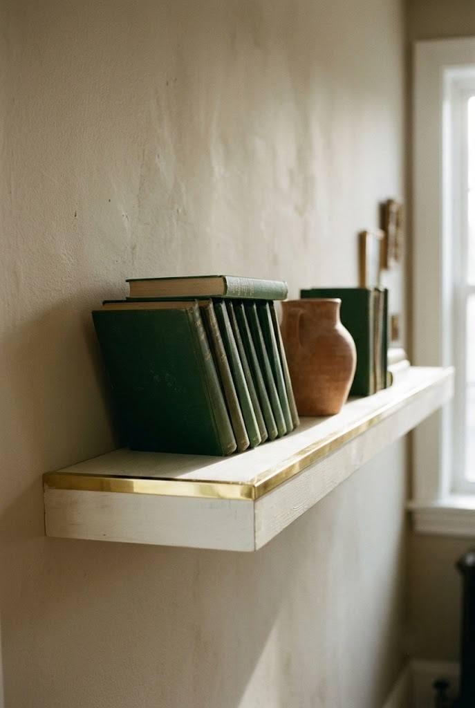 Brass edge trim on a white floating shelf holding books and a terracotta vessel
