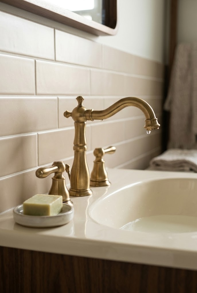 Brushed brass faucet swapped onto a vanity against beige bathroom tile