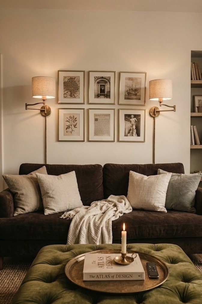 Six brass framed prints in a tight grid above a chocolate brown sofa