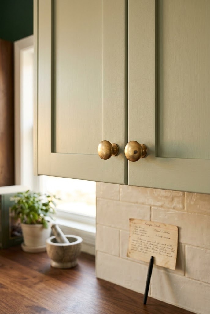 Unlacquered brass knobs on upper kitchen cabinets in a grandmillennial cottage kitchen