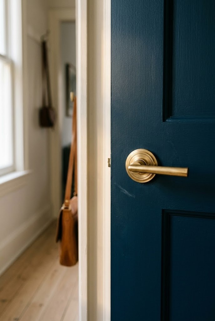 Brass lever handle on a stepped rose fitted to a deep blue interior door