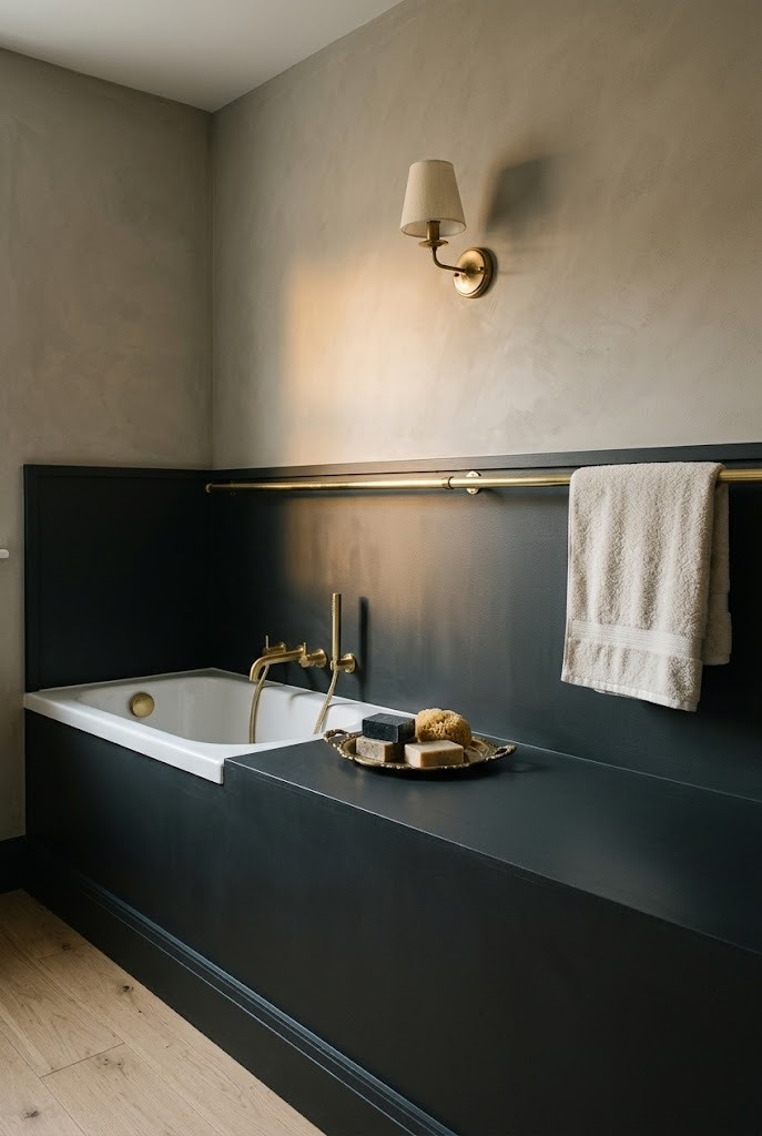 Brass rail capping a dark moody half wall beside a white tub