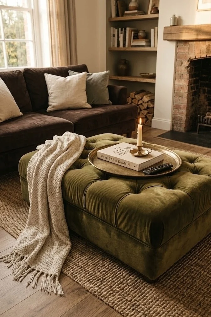 Aged brass sconces lighting framed art above a chocolate brown couch