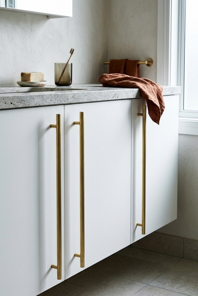Long brass T-bar pulls mounted vertically on a white bathroom vanity