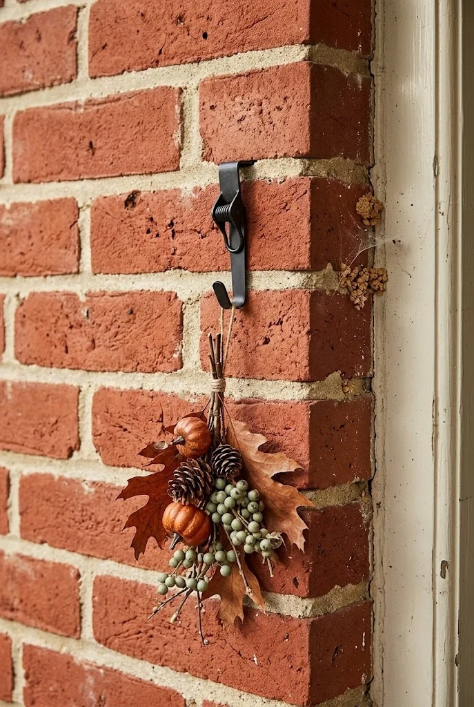 Brick clip hanger holding a small fall swag on an exterior brick wall by a door