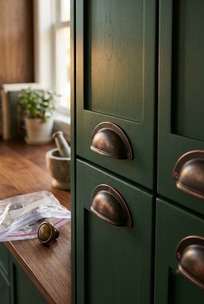 Dark cottagecore kitchen cabinets with oil-rubbed-bronze cup pulls replacing builder knobs