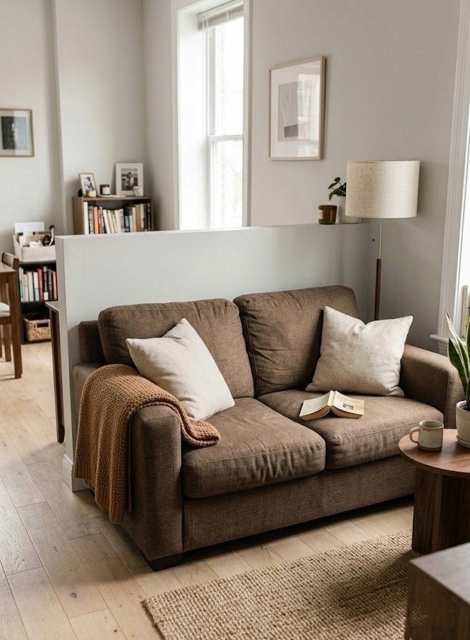Brown sofa small living room with a compact loveseat and open walking path in warm neutral tones