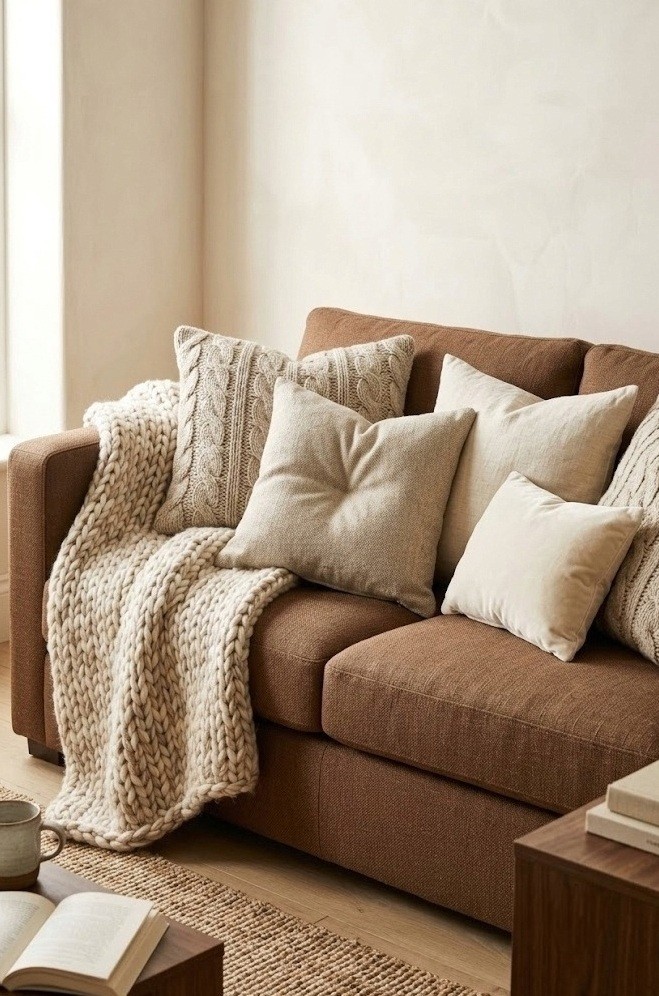 Brown sofa layered with cream and oatmeal cushions and a knit throw in a small living room