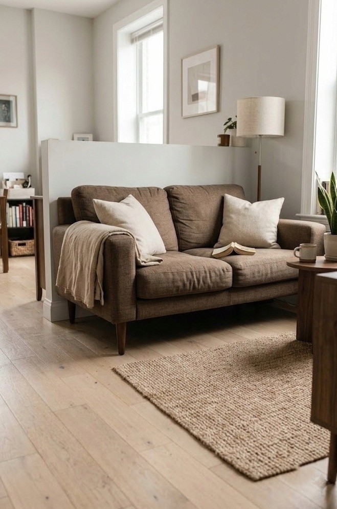 Brown sofa on slim exposed wooden legs with pale floor showing underneath in a small living room