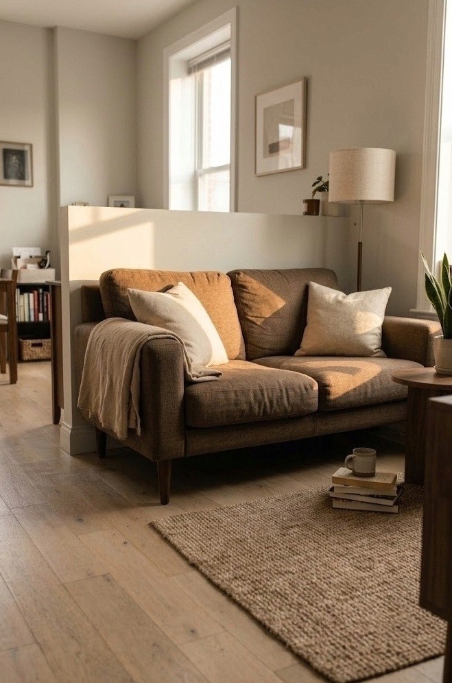 Brown sofa floated a few inches off the wall in a small living room facing the window light