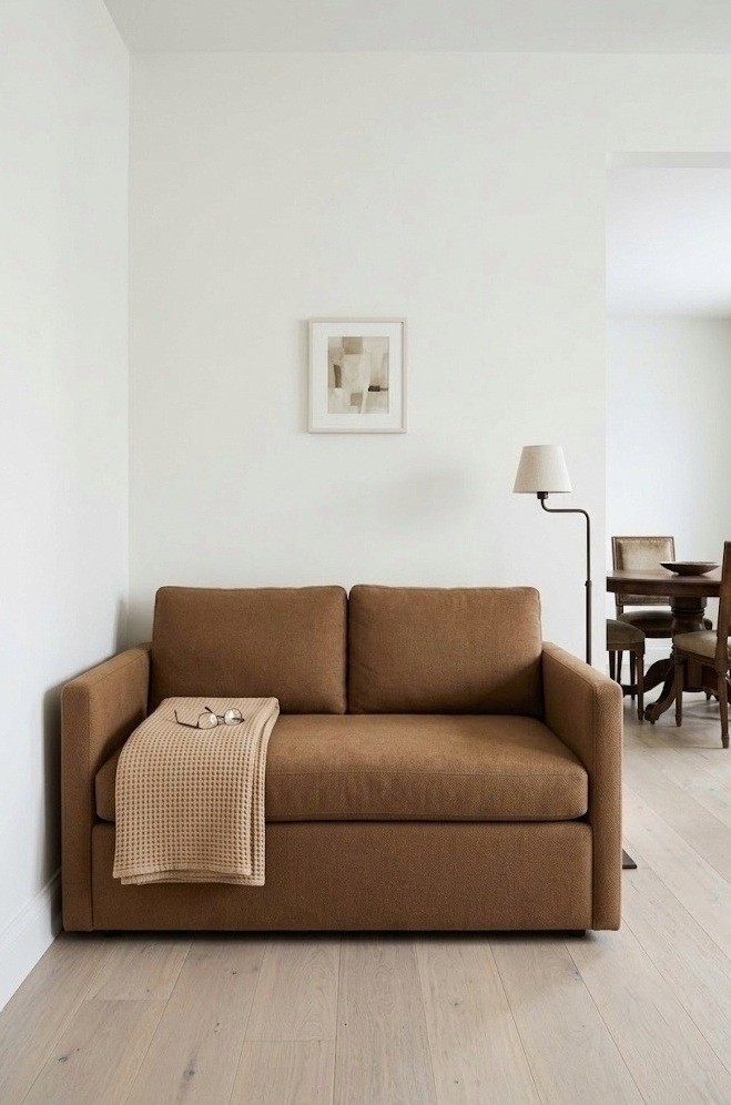 Low track-arm brown settee sized for a narrow wall in a small living room with a slim lamp beside it
