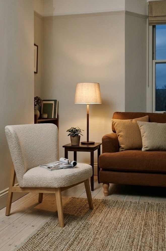 Brown two-seater sofa with a light accent chair angled beside it in a small living room