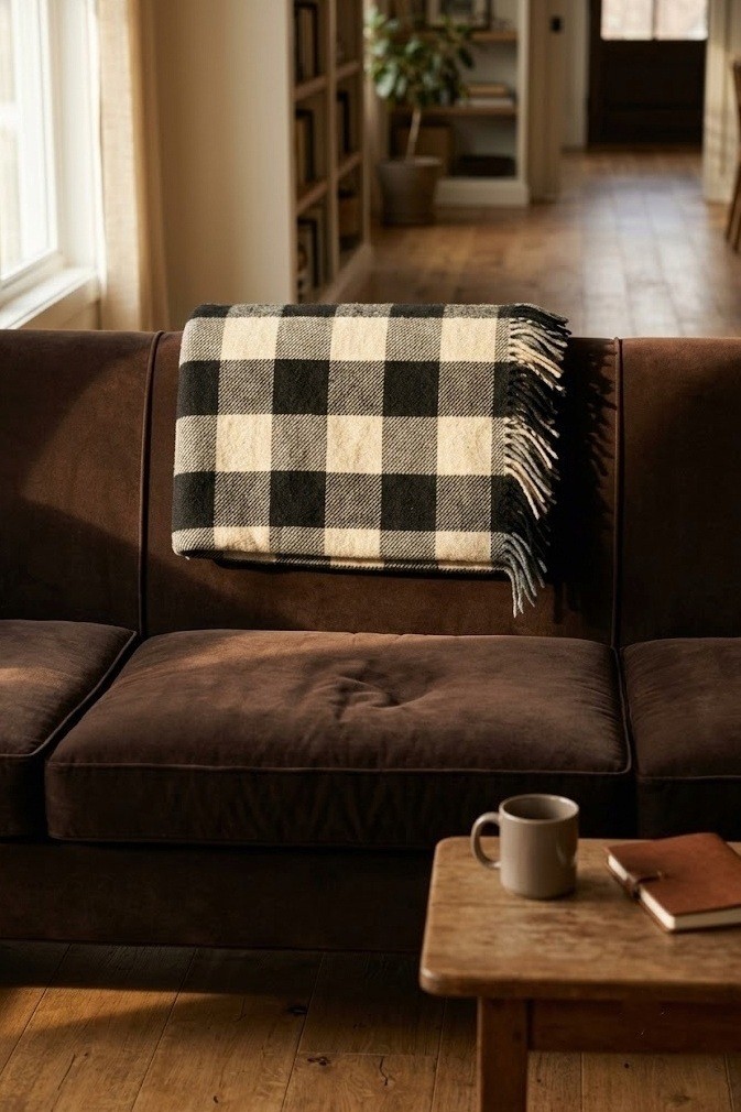 Buffalo check wool blanket folded over the back of a dark brown sofa living room seat