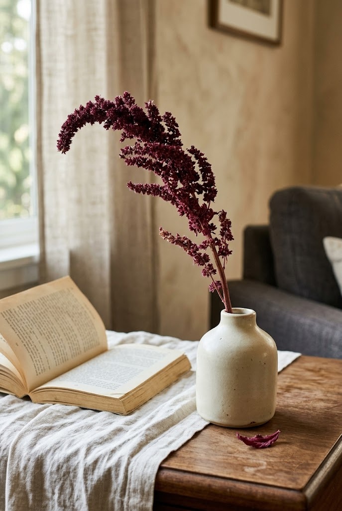 Burgundy amaranth stem in a cream bud vase, a dried fall flower arrangement with no orange