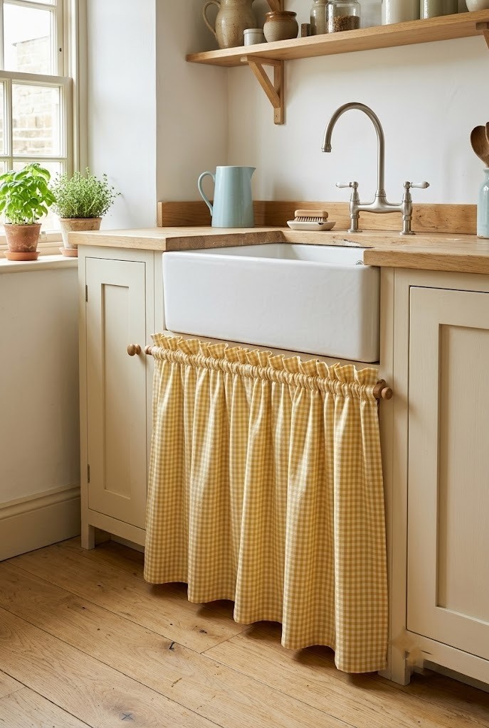 Butter yellow gingham cabinet skirt with a gathered ruffle header above the rod