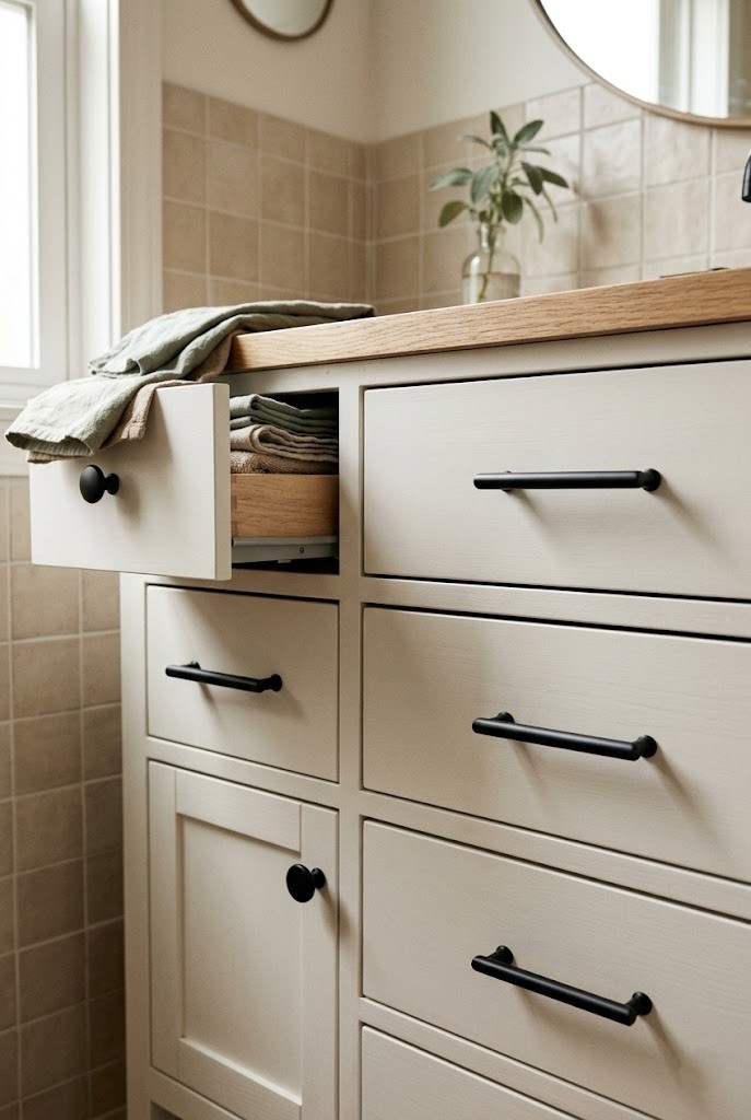 Matte black pulls and knobs on a light vanity in a beige tile bathroom