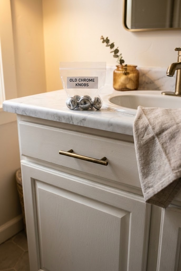Brass cabinet pull installed on a rental bathroom vanity using the original screw holes