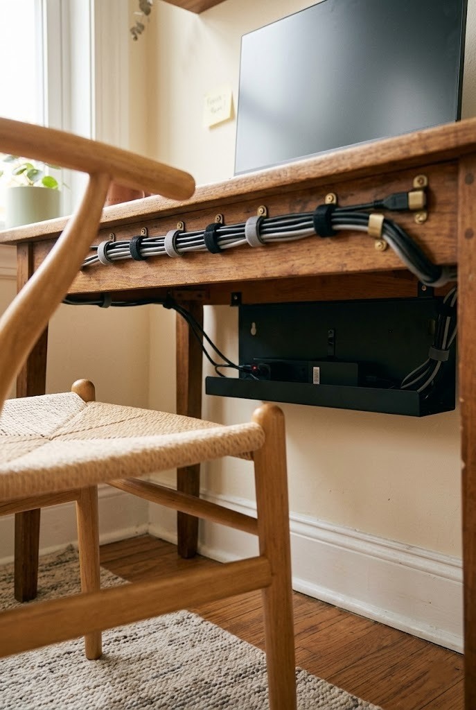 Cables neatly bundled and clipped along the back edge under a small home office desk