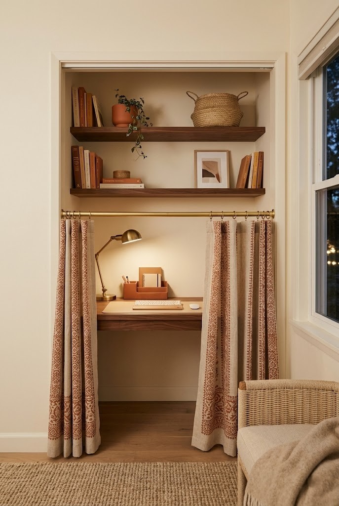 Half-height cafe curtain hiding a closet desk at night