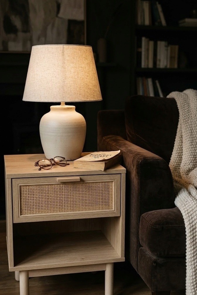 Cane and oak side table with a cream stoneware lamp next to a chocolate couch