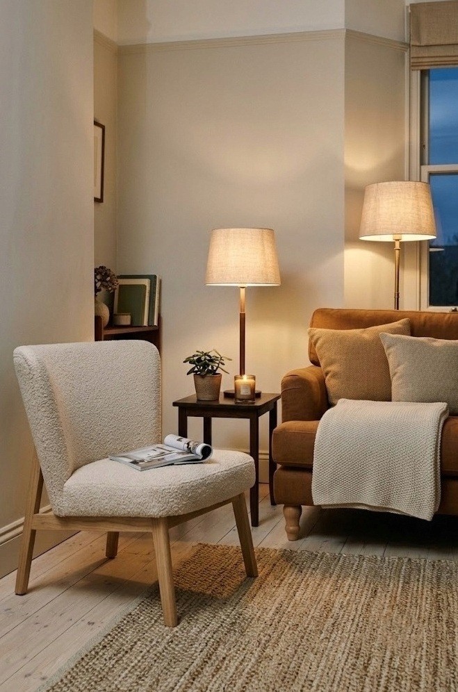 Caramel brown sofa small living room glowing warm under evening lamplight in cream tones