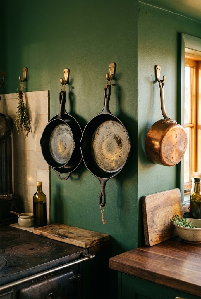 Cast-iron pans and a copper pot hung on a cottage kitchen wall near the stove