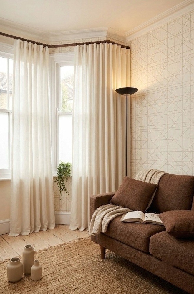 Floor-length curtains hung near the ceiling above a brown sofa in a small living room