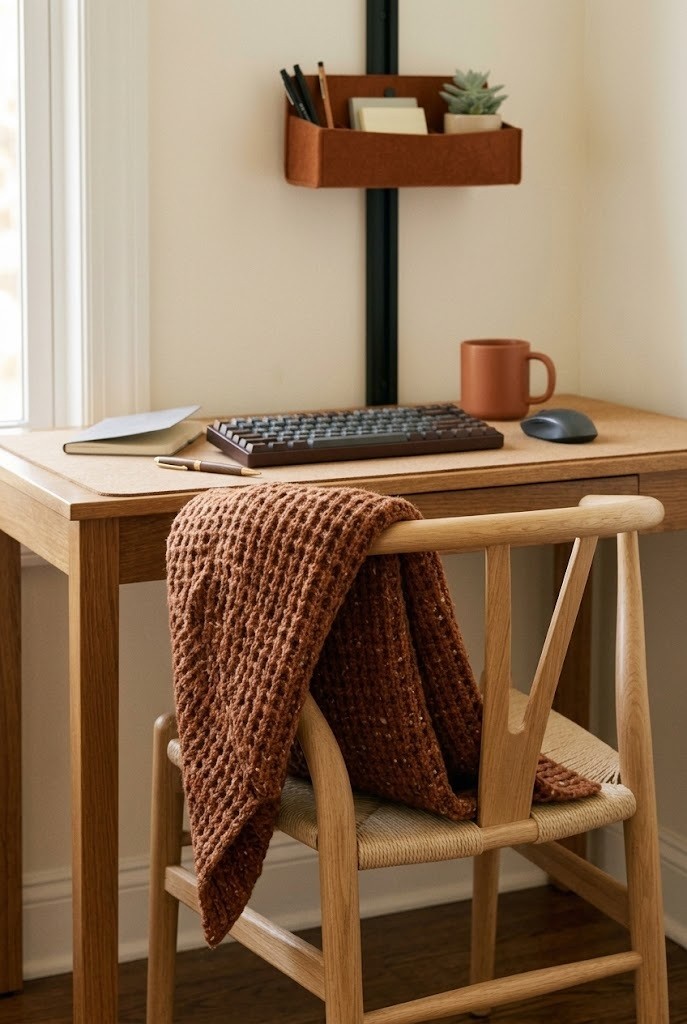 Chunky knit throw in a warm rust tone draped over the back of a desk chair